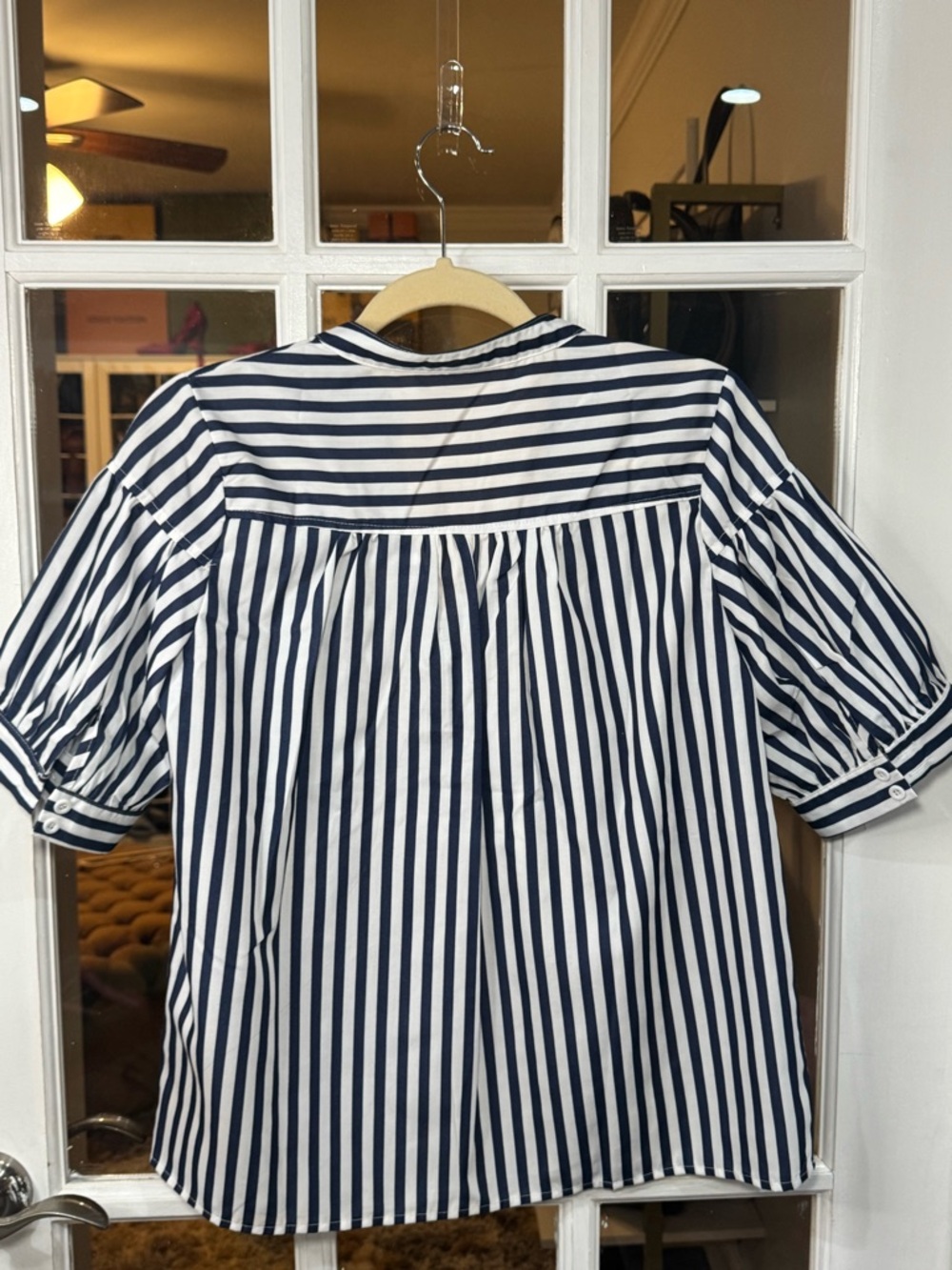 Anthropologie Darcey Navy and White Striped V‑Neck Popover Blouse - Picture 4 of 7